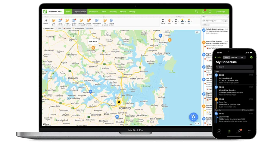 ServiceM8 dispatch board on Mac, with the schedule open on iPhone